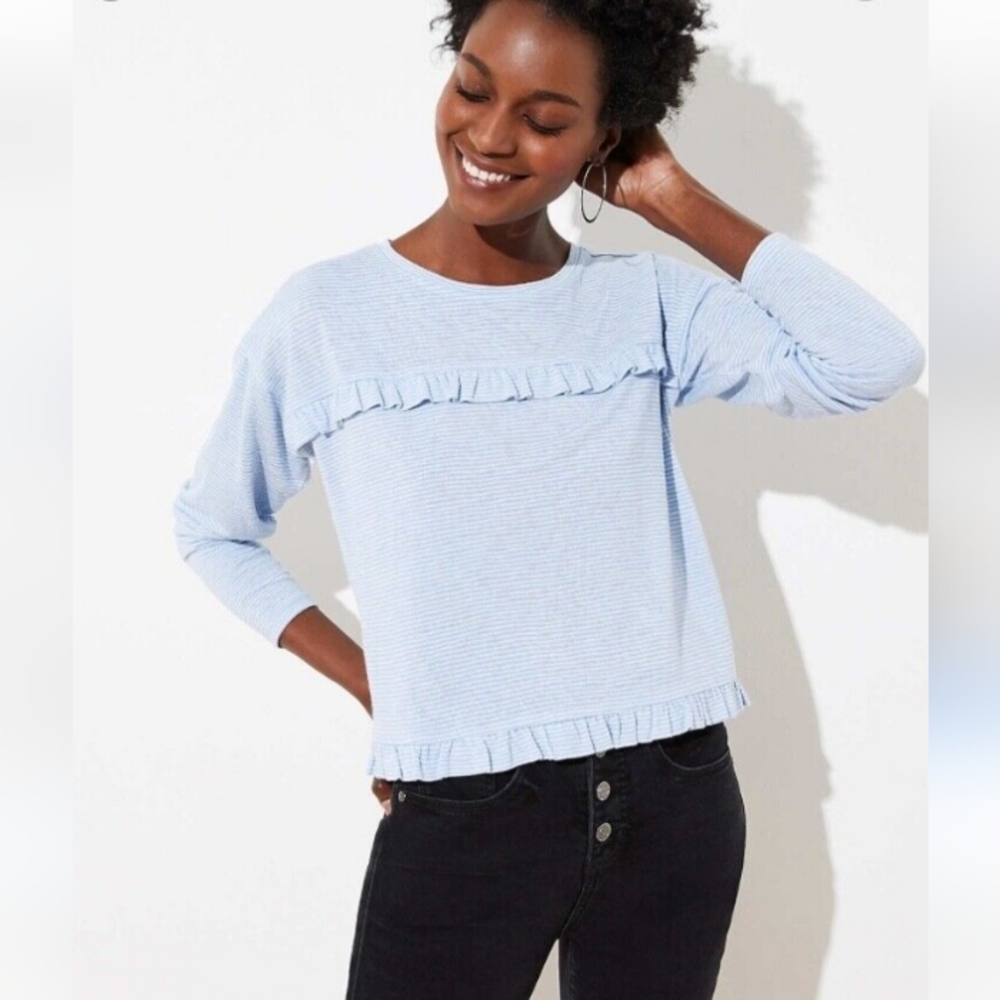 Loft blue white stripped  cropped ruffle t-shirt
